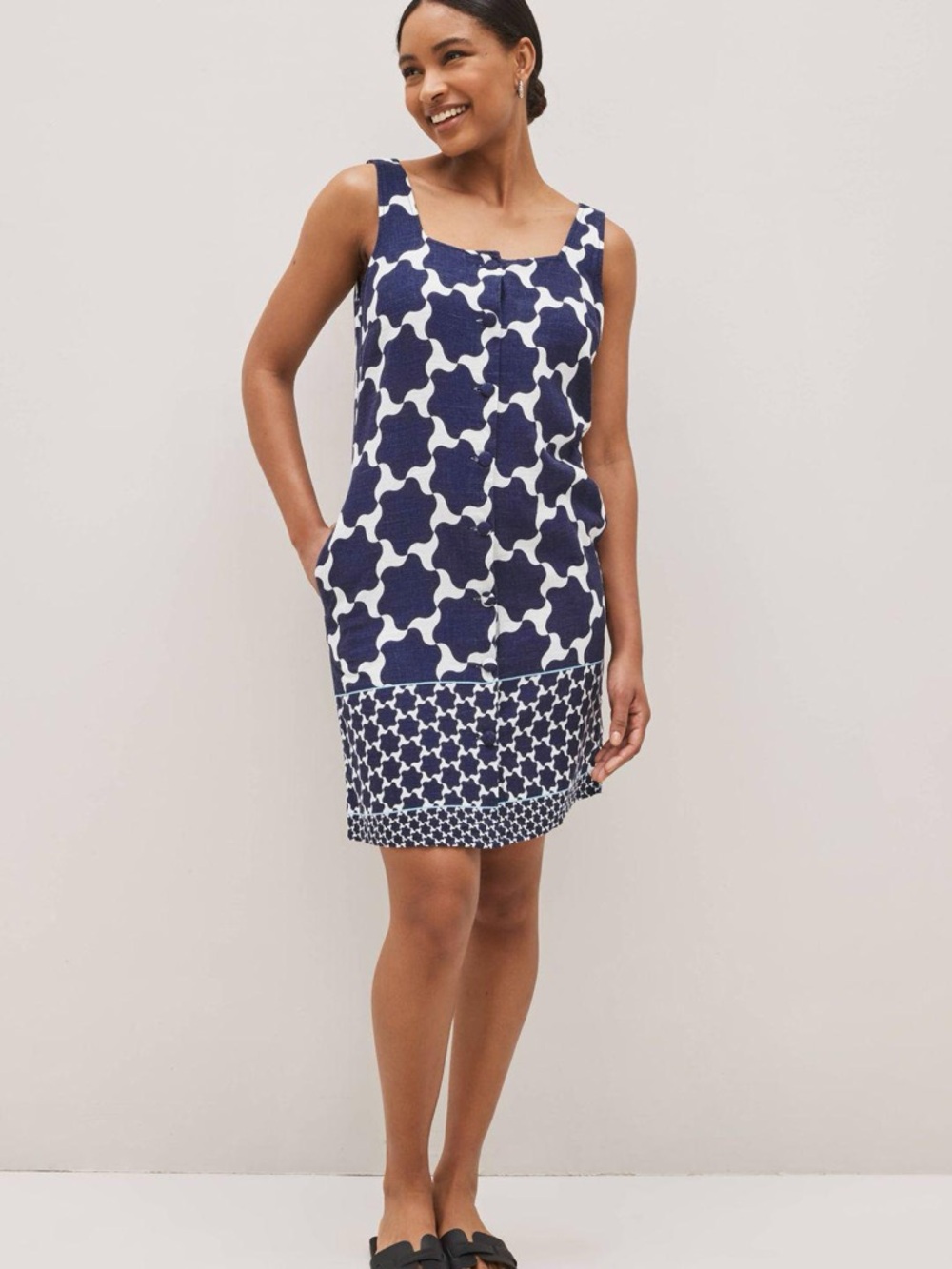 NEXT Navy and White Patterned Linen Blend Sheath Dress